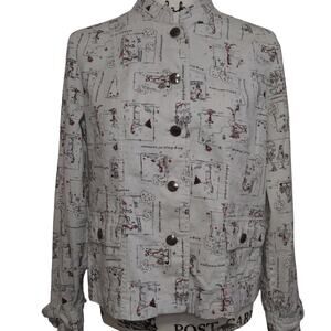 Christopher & Banks Button Up Blazer Novelty Cartoon Print Sz Medium 100% Cotton